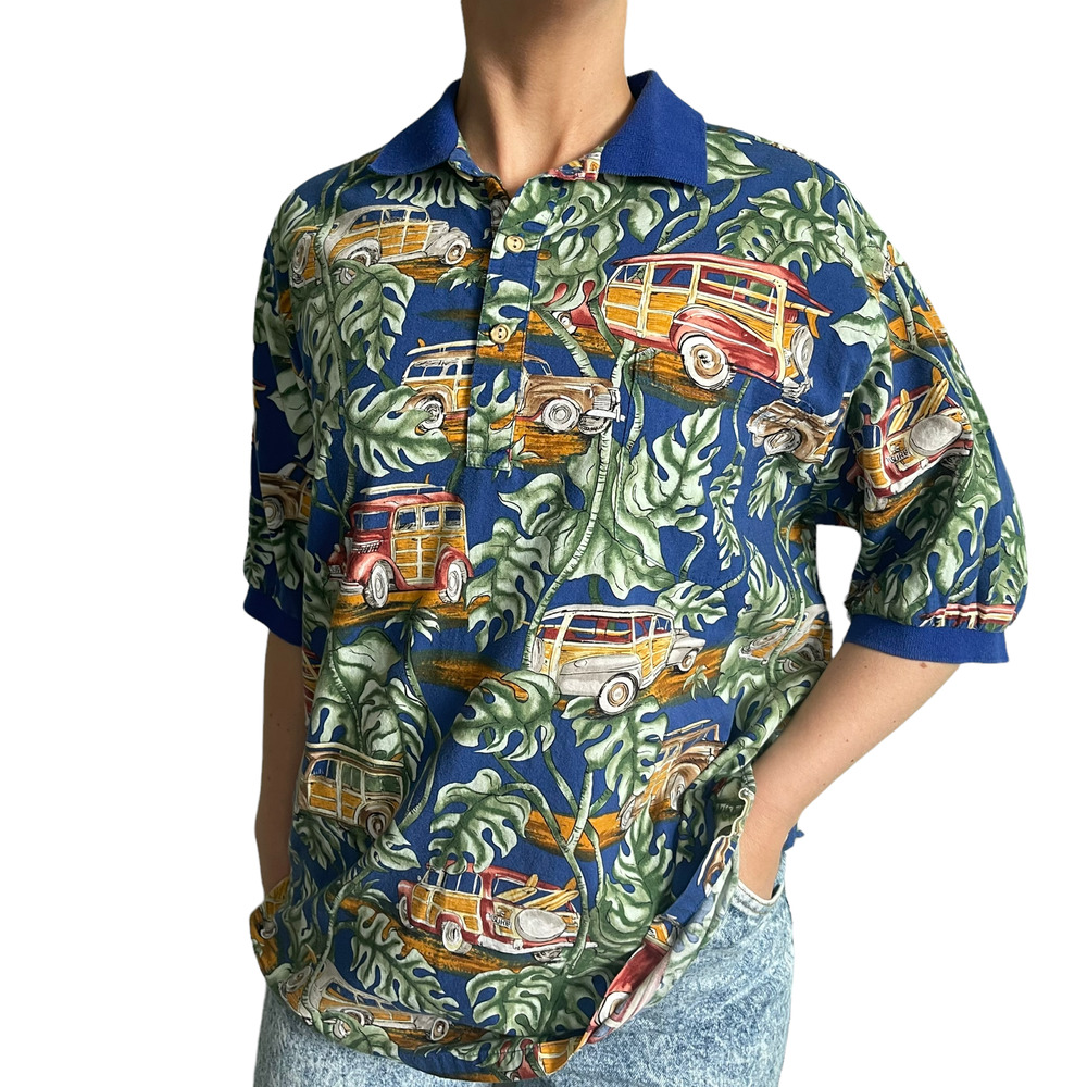 90s Kalaheo Made in Hawaii Vintage Floral Printed Tee with Blue Collar & Sleeves